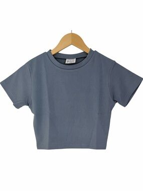 Mood Womens Medium Blue Gray Ribbed Fitted Crop Top Short Sleeve Casual Baby Tee